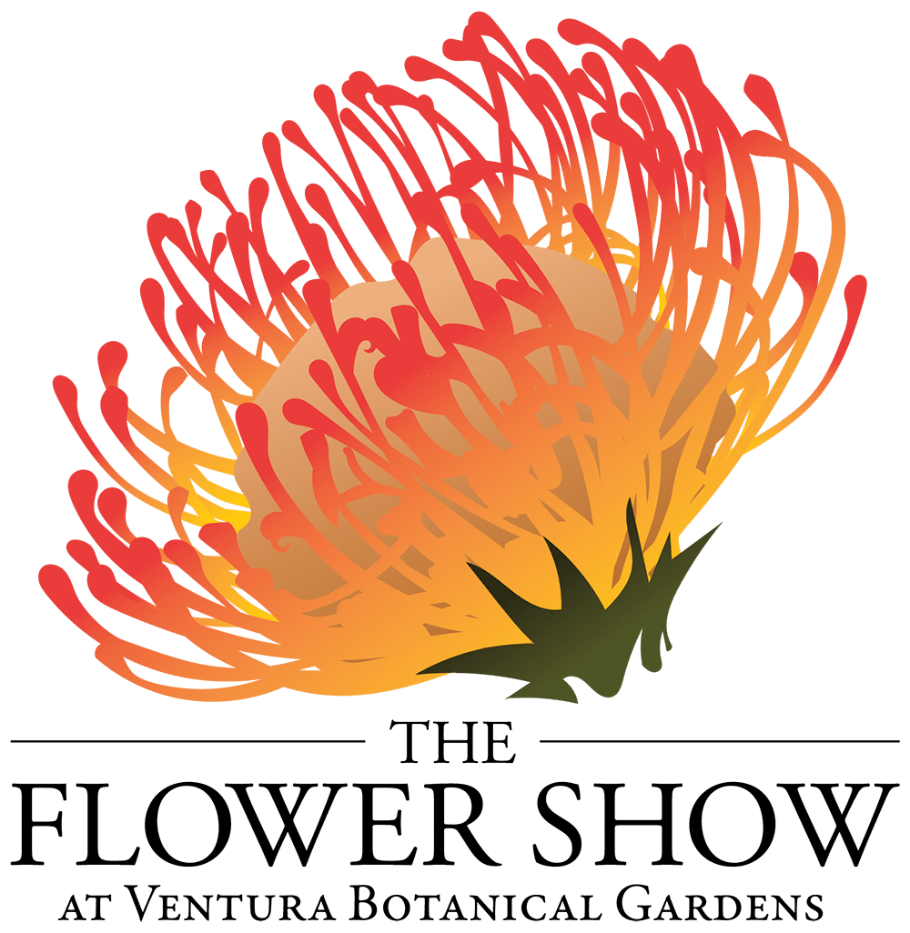Illustration of an orange and yellow flower above the text The Flower Show at Ventura Botanical Gardens on a light background, capturing the beauty of botanical gardens in full bloom.
