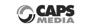 Black and white logo of CAPS MEDIA with a circular design on the left.