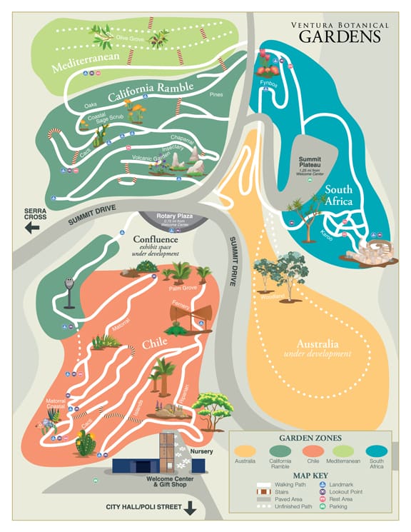 Illustrated map of Ventura Botanical Gardens showing Mediterranean, California, Chile, South Africa, and Australia zones, with paths, landmarks, and a visitor center.