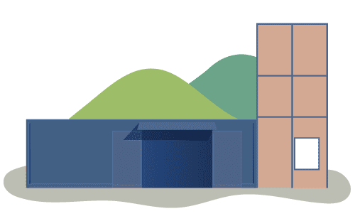 Minimalist illustration of a modern home featuring a blue rectangular section and a tan vertical section, set against green hills on a light background.