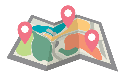 Illustration of a folded map with three pink location markers, highlighting different areas—perfect for planning your route home.