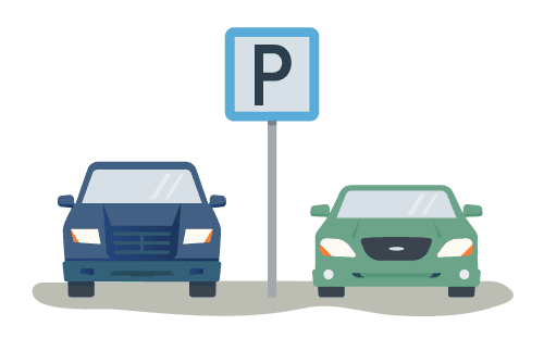 Illustration of a blue truck and a green car parked side by side next to a sign with the letter P, indicating a parking area near home.