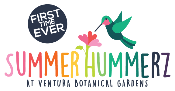 A vibrant illustration promoting Summer Hummerz event at Ventura Botanical Gardens with colorful tex.