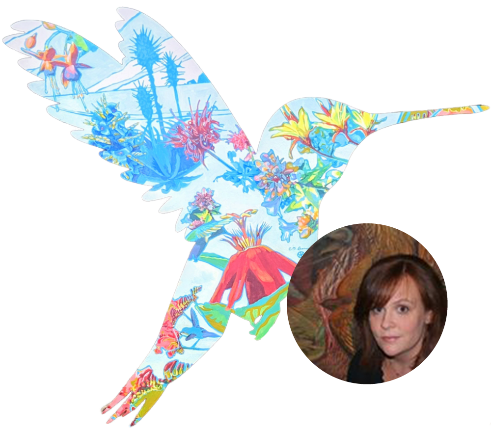 A colorful hummingbird illustration with tropical plants at Ventura Botanical Gardens.