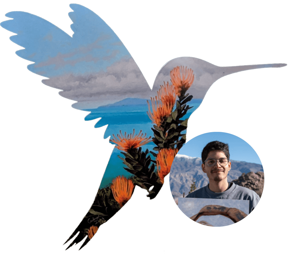 A colorful hummingbird with mountain and floral background at Ventura Botanical Gardens.