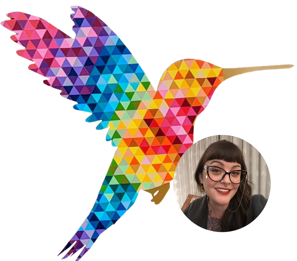 A colorful geometric hummingbird illustration with a smiling woman in glasses in the bottom right co.