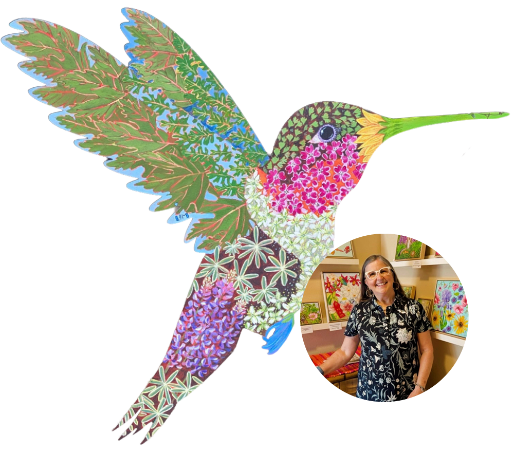 A colorful hummingbird mosaic at Ventura Botanical Gardens with a woman artist in the background.