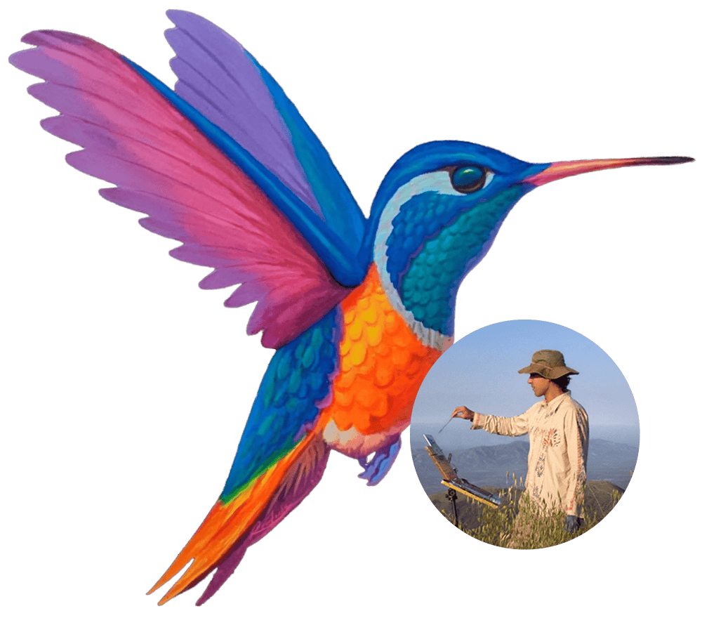A colorful hummingbird illustration with a person painting outdoors at Ventura Botanical Gardens.