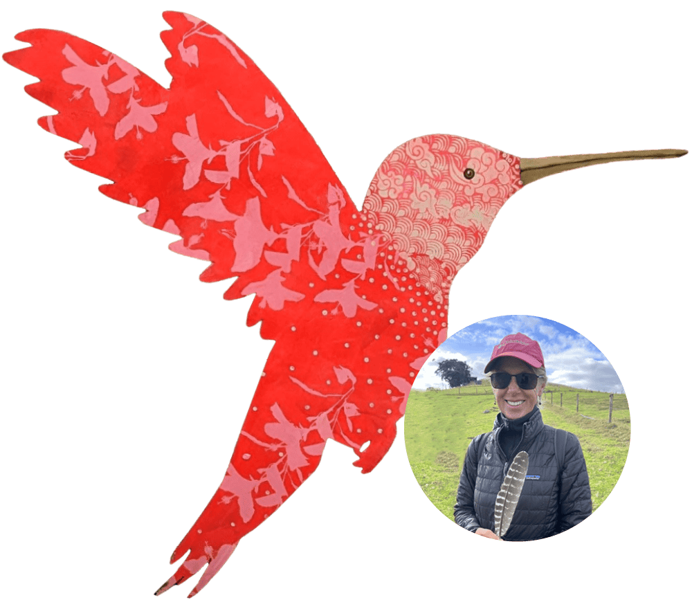 A colorful hummingbird illustration with a photo of a woman in a pink hat and sunglasses at Ventura.