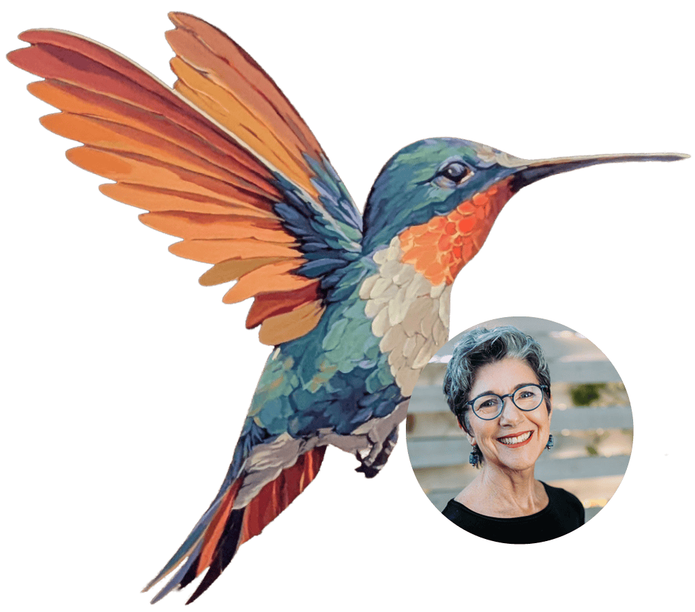 A colorful hummingbird with vibrant orange, blue, and green feathers, and a smiling woman with glass.