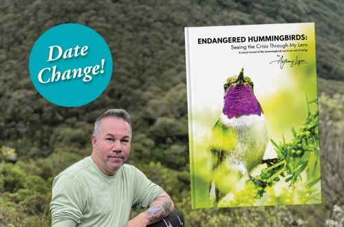 Anthony Lujan at book signing event in Ventura Botanical Gardens with book cover in background.
