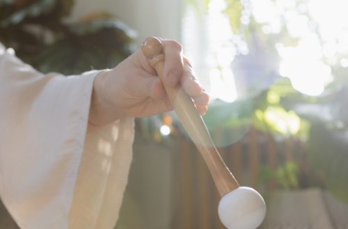 Person playing singing bowl during a sound bath at Ventura Botanical Gardens.