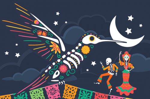 Colorful illustration of a hummingbird and dancers celebrating at Ventura Botanical Gardens event.