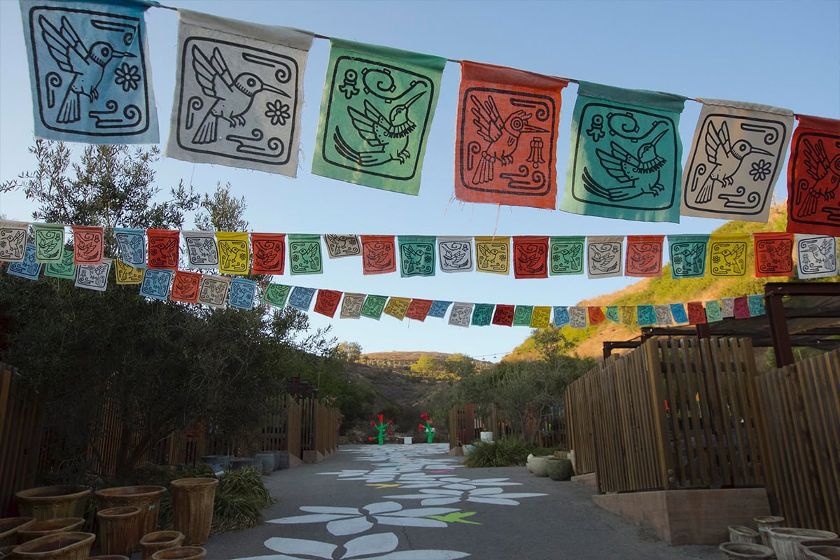 Colorful papel picado banners hanging over a garden pathway at Ventura Botanical Gardens.